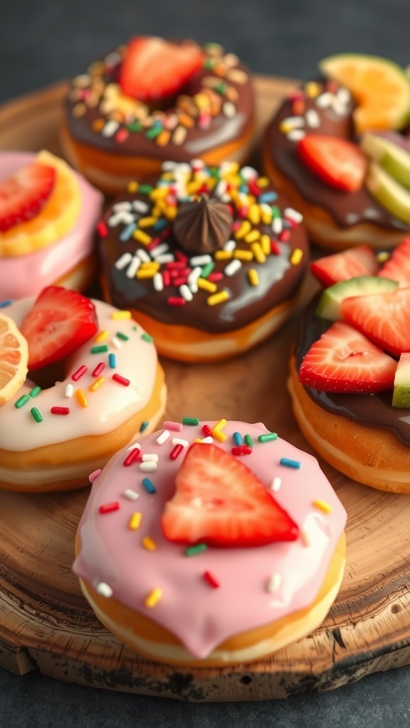 An assortment of donuts with chocolate glaze, sprinkles, and fresh fruit toppings on a wooden platter.